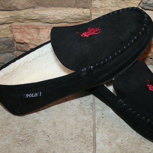 POLO‎ RALPH LAUREN MEN'S SUEDE SLIPPERS BLACK RED - Picture 1 of 5